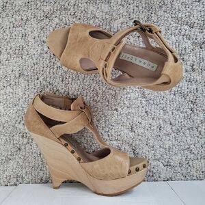 Pura Lopez tan sandal wedge peep toe wood heel